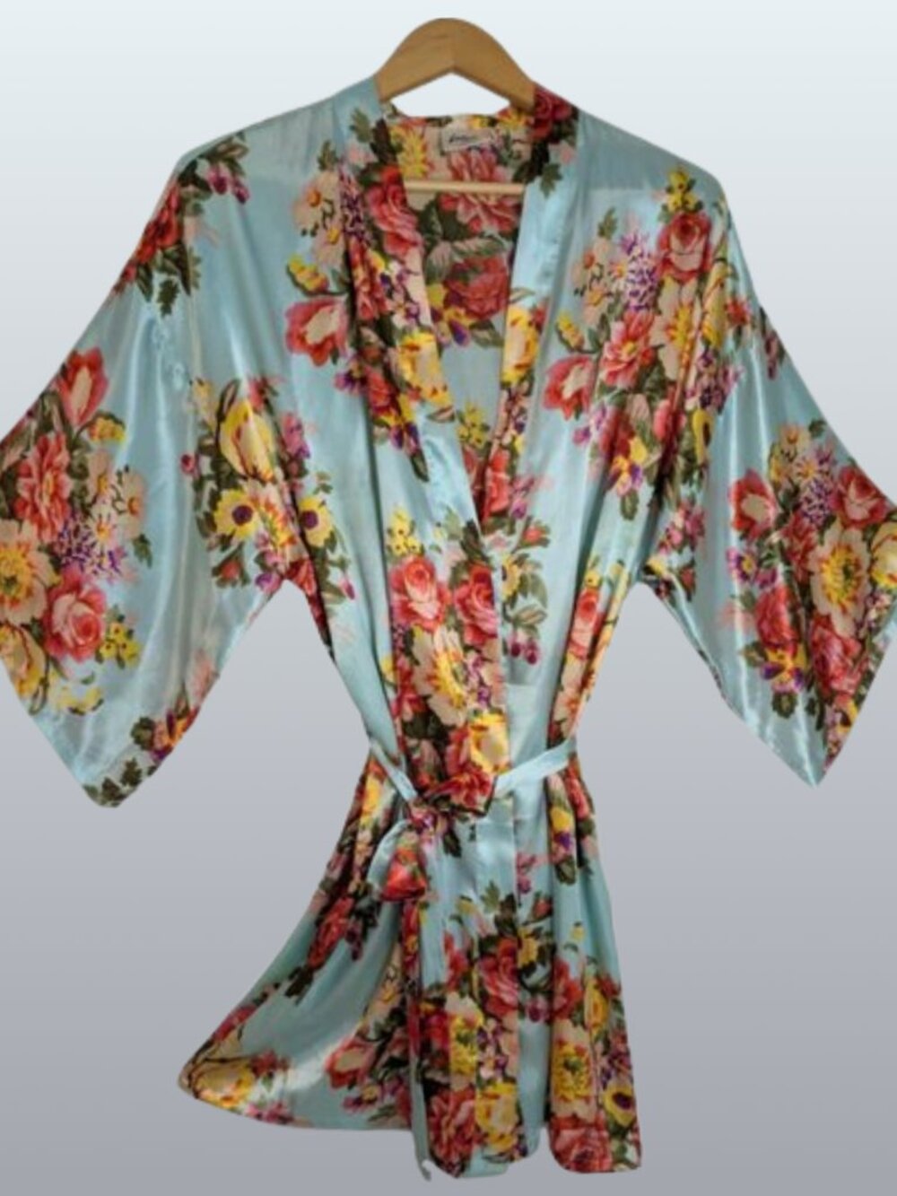 Feign Satin Floral Kimono Robe Wrap Cover Up One Size Romantic Boho Bridal NWOT